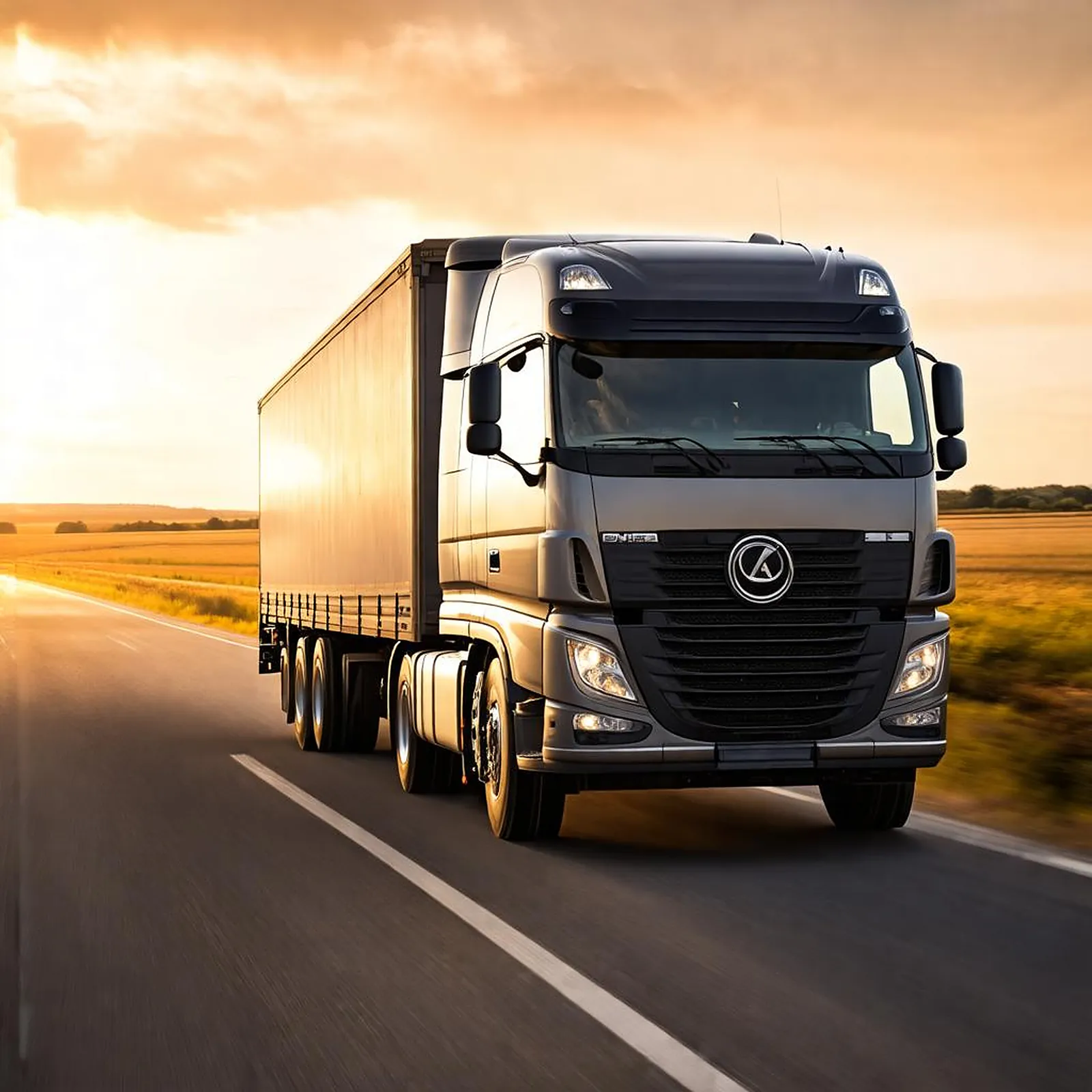 Modern semi-truck driving on highway during sunset